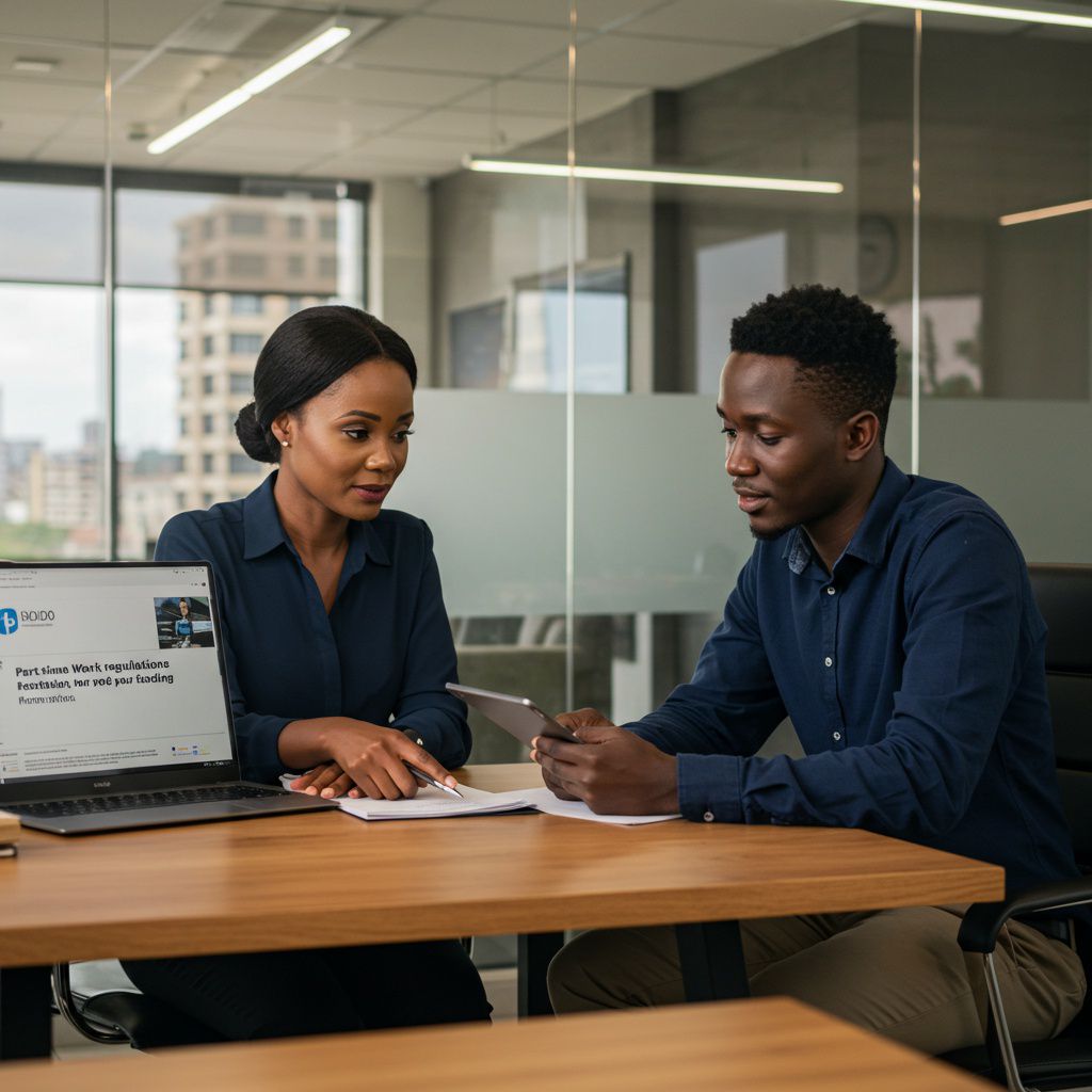 Kenyan quantity surveyor discussing blueprints with a colleague on a construction site in Nairobi, Kenya.