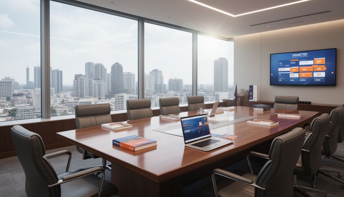 Business professionals attending a global conference event with coordinated travel bookings