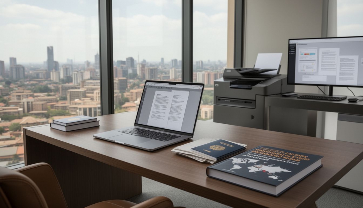 Person using a laptop to manage digital documents with a global map background for Digital Document Services