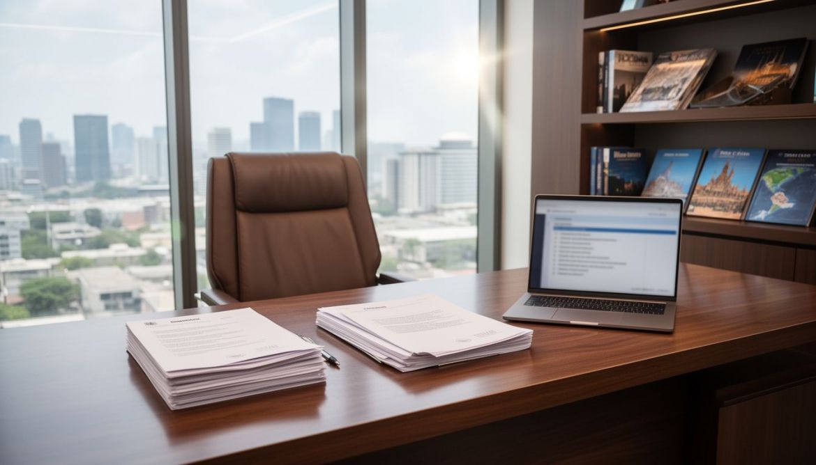 Professional hand organizing documents for an embassy submission package.