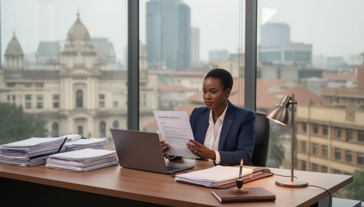 Professional signing an employment verification letter at a desk in Nairobi, Kenya