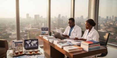 Doctor consulting with a patient about international medical facility recommendations.