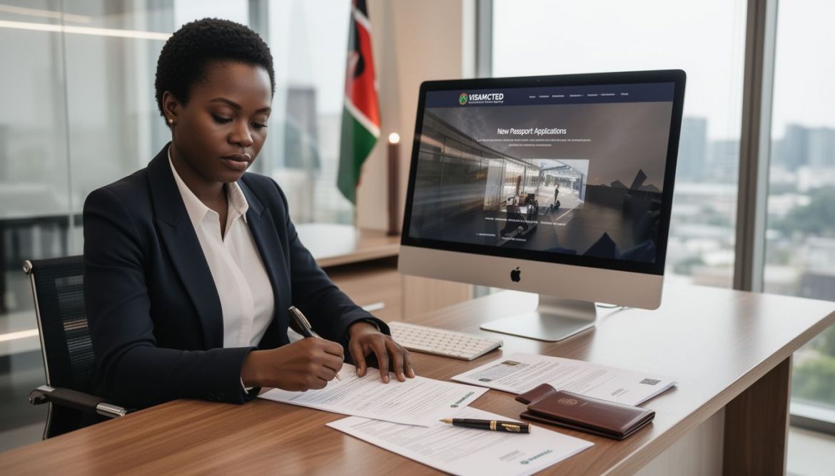 Professional guiding a client through new passport application forms in Kenya