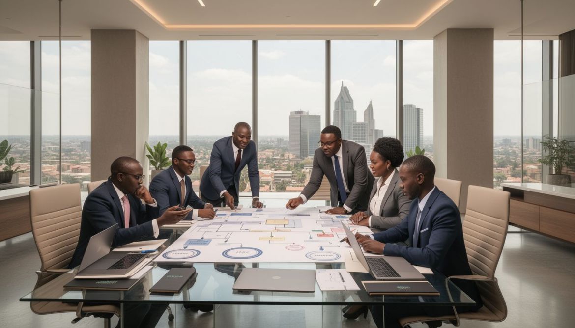 Work & Travel Agency Kenya consultants discussing organizational restructuring with a Kenyan business team.