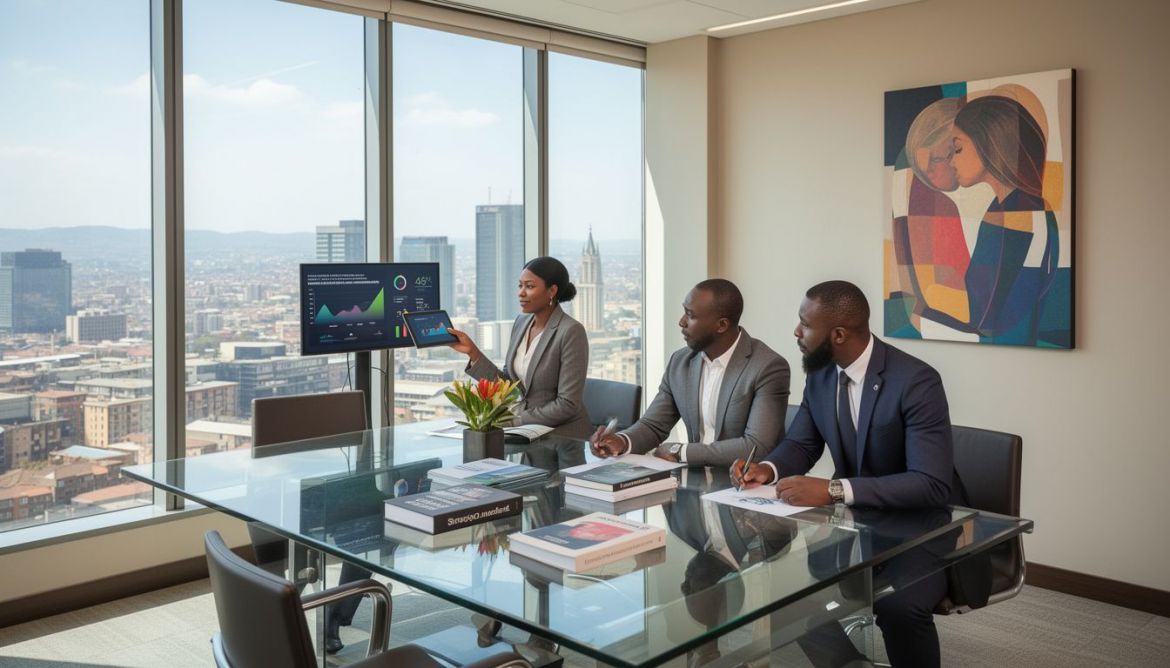 Team collaborating on performance management strategies in a modern office setting.