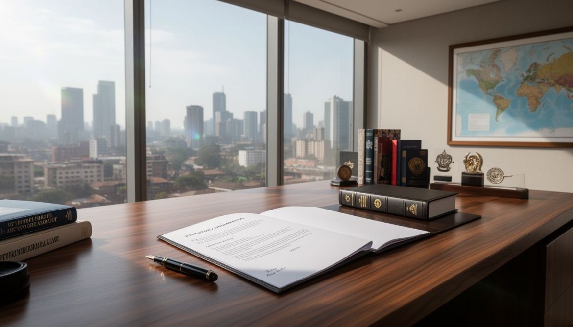 Professional signing of a Statutory Declaration document by a client and a legal witness.