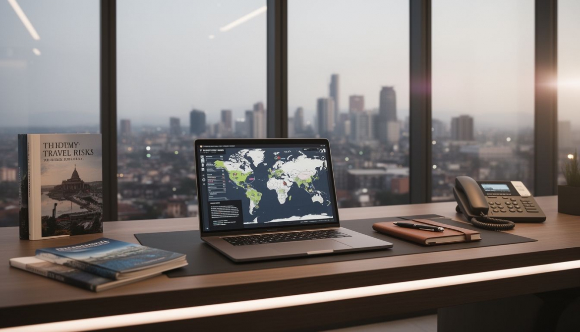 Global map with safety icons representing travel risk management services